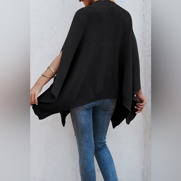 Waffle-Knit Pocketed Cape Sleeve Sweater - Picture 2 of 8